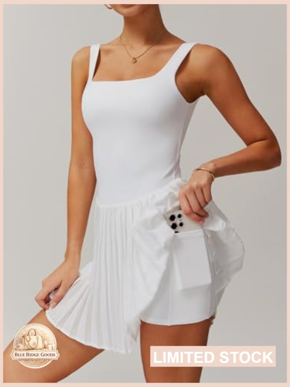 Square Neck Tennis Dress with Built-In Shorts and Pockets Pleated Backless - Picture 4 of 7